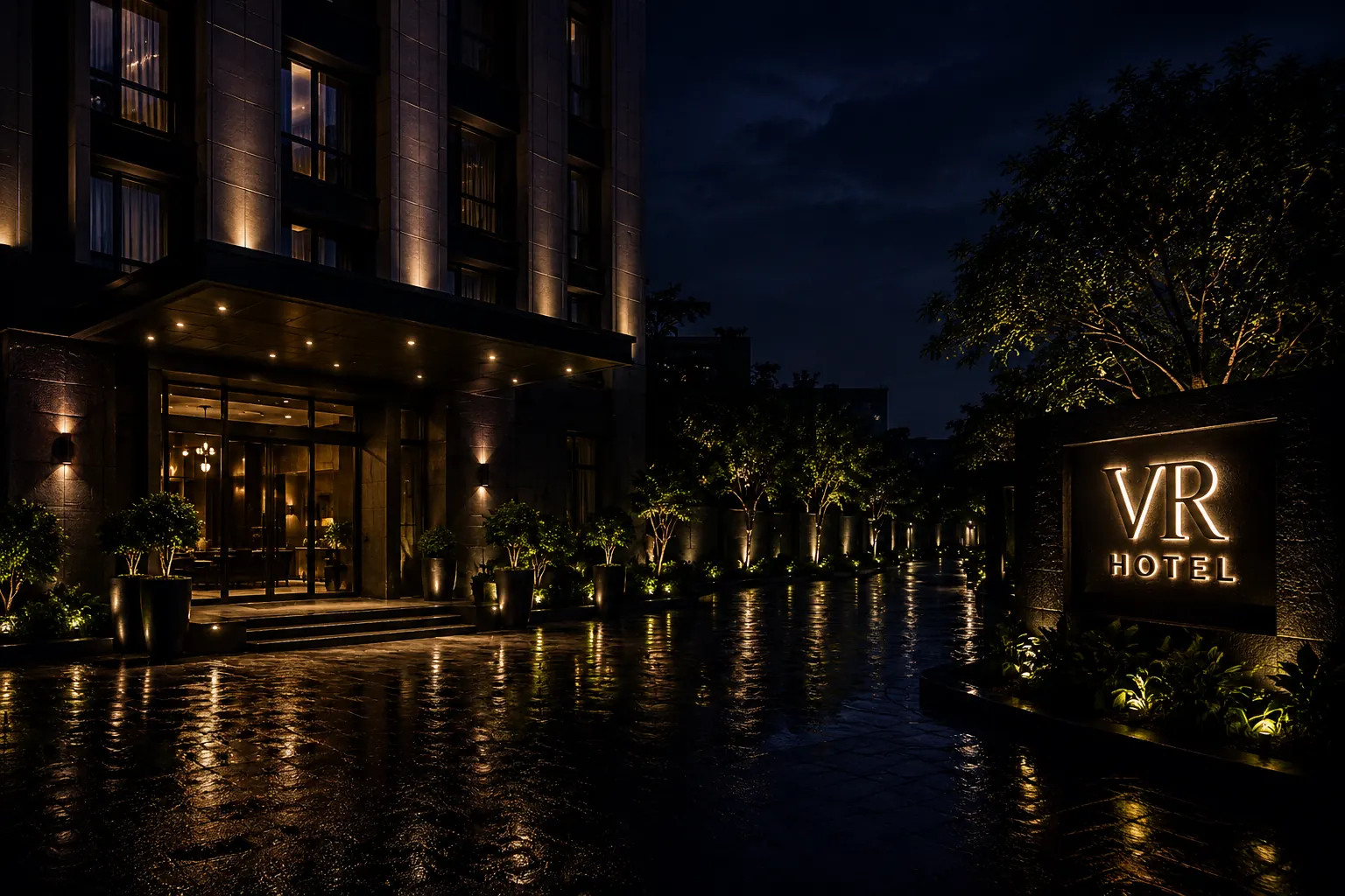 Luxury hotel exterior of VR Hotel Varanasi at night